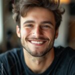 Photo Stock Smiling Man in Warm Indoor Lighting, Close-Up _ Adobe Stock